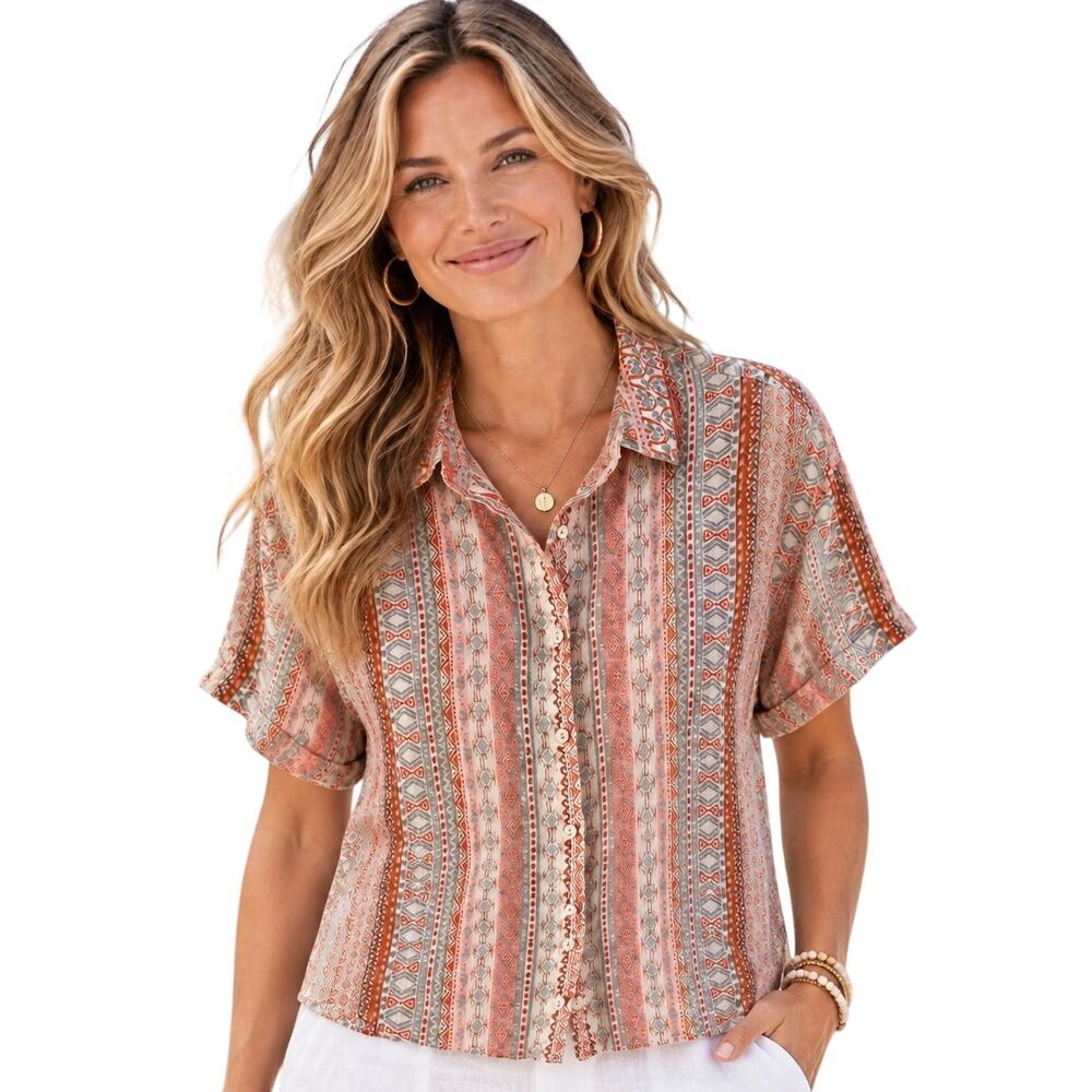 Rachel Zoe Tribal Button Top Womens Large Orange Gray White Linen Ethnic Shirt